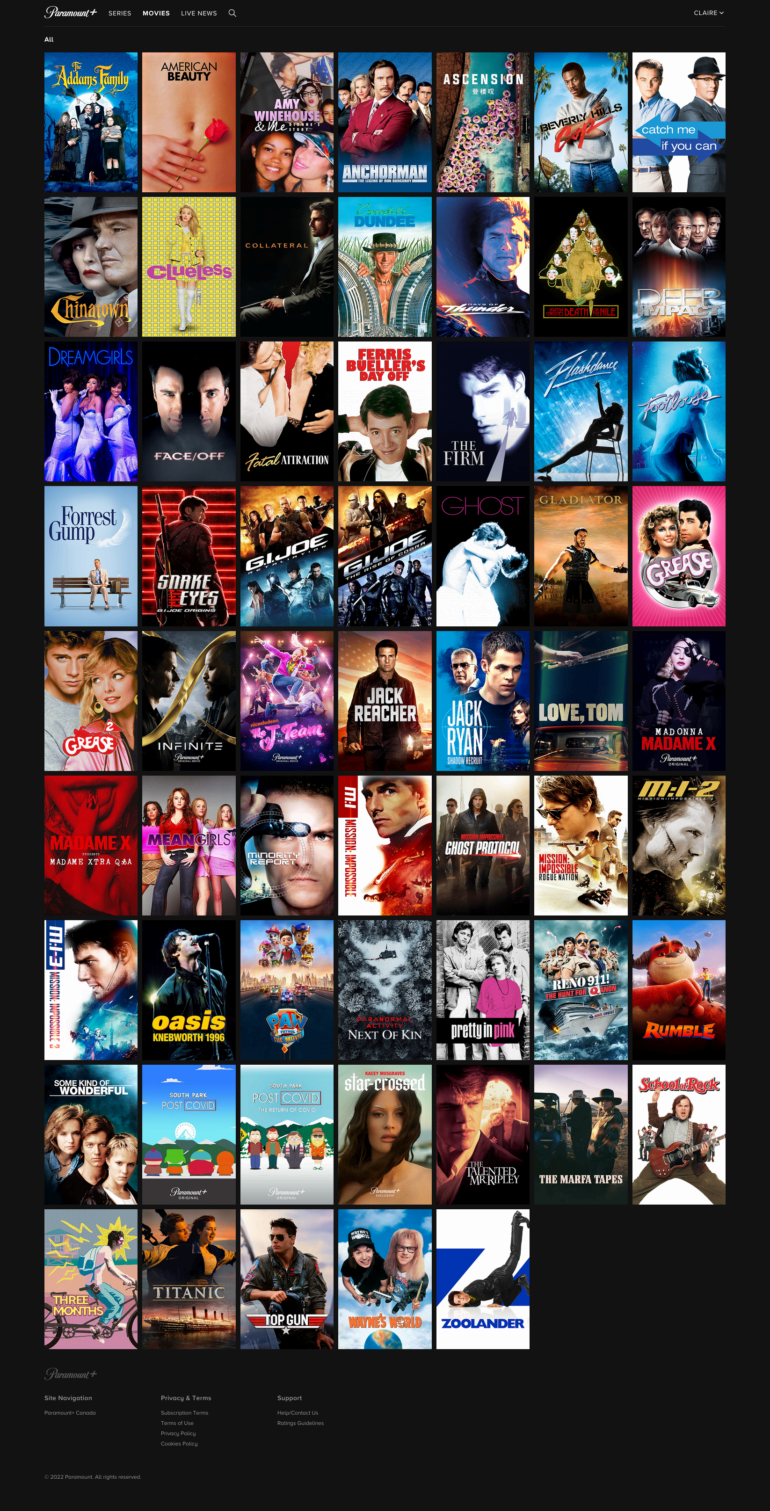 Screenshot of the “Movies” content type available on Paramount+. The titles are displayed as posters for each show arranged in a grid layout. Some title posters include “Anchorman”, “Forest Gump”, “Gladiator”, and “School Of Rock”