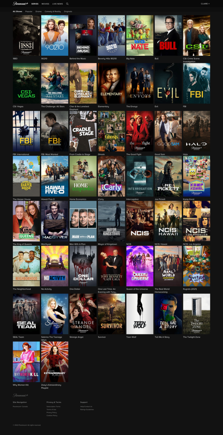Screenshot of the “TV Series” content type available on Paramount+. The titles are displayed as posters for each show arranged in a grid layout. Some title posters include “90210”, “CSI”, “iCarly”, and “NCIS”