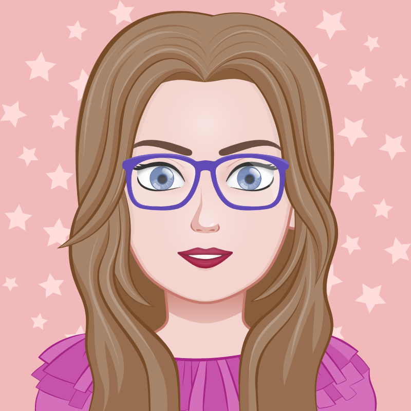A cartoon drawing of a white woman with light brown hair below her shoulders, parted in the middle. She is wearing round purple glasses, red lipstick, and a pink frilly shirt. The background is a light pink-orange with stars on it.